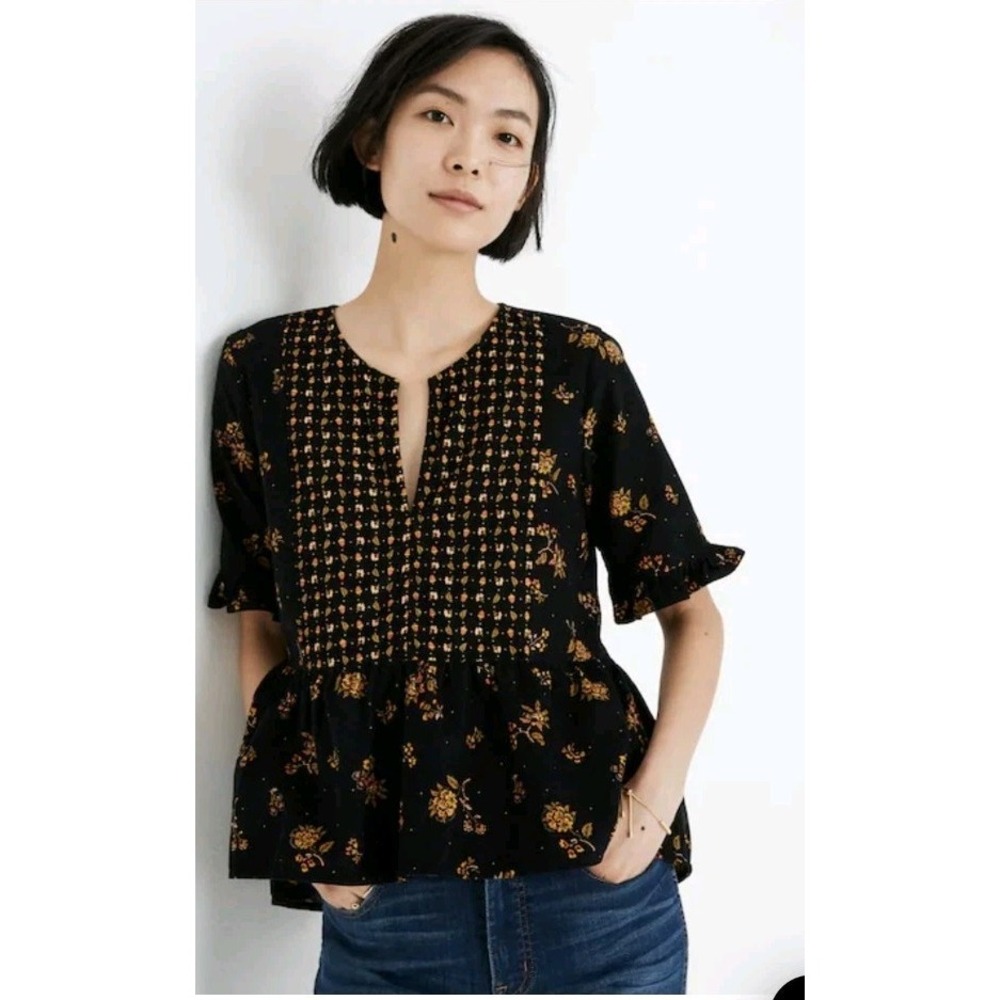 Madewell Black Corduroy Acorn Foulard Top Peplum Floral Ruffle Women's Size XS